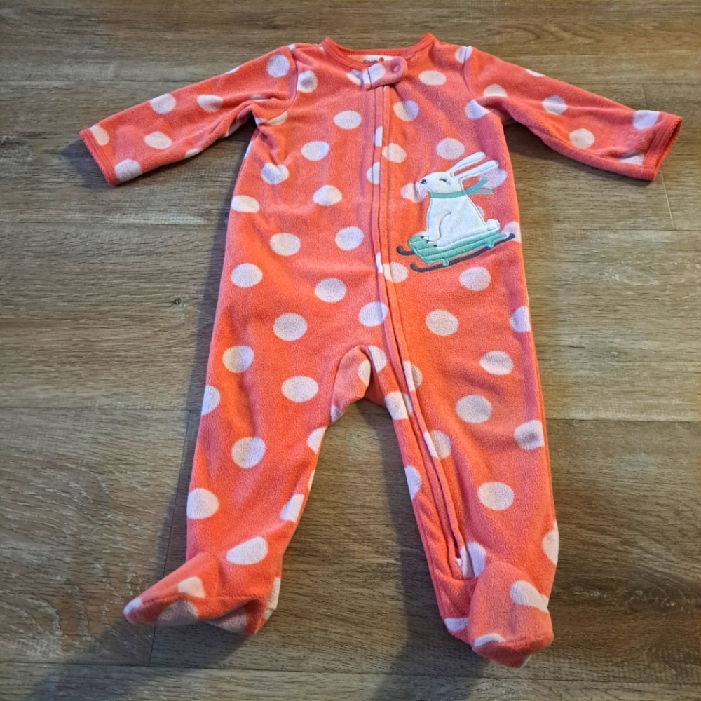 Carter's Orange Peach White Polka Dot One-Piece Bunny On Sled Pajama 6 Months